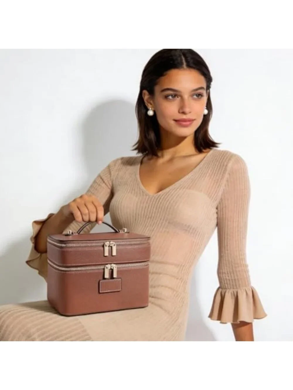 Stylish Large Leather Makeup Bag Duo - Travel Toiletry Case & Double Layer